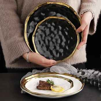 1 \ 2 adet Altın Kaplama Siyah Porselen Yemek plaka seti İskandinav seramik tabak Salata Tatlı Noel tabağı tam set sofra
