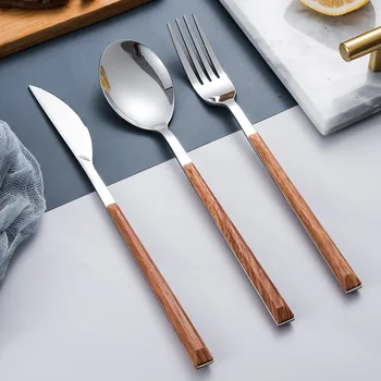 1 adet paslanmaz çelik yemek Seti biftek bıçağı/Çatal/Kaşık Taklit Ahşap Saplı Sofra Cutlury Seti Mutfak Aksesuarları