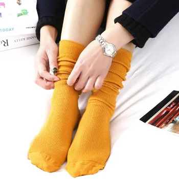 1 Çift Japon Kore Lise Kızlar Yüksek Çorap Gevşek Katı Renkler Çift İğneler Örgü Pamuk Uzun Çorap Kadınlar İçin