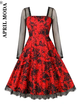 2023 Cadılar Bayramı Cosplay Dantel Vintage Parti Elbise Uzun Kollu Çiçek Baskı Gül Lolita Gotik Grunge Steampunk Midi Pist Elbiseler
