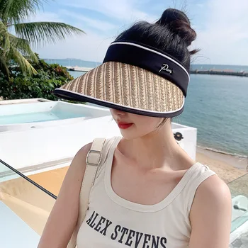 2023 Kore Şapka kadın Metal Mektup İşareti Saman Dokuma Hava Üst Güneş Koruma güneş şapkası Yaz Açık Seyahat güneş şapkası