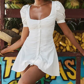 2023 Seksi Beyaz Kare Yaka Düşük Göğüs Korse Tarzı Mini Elbise Kısa Puf Kollu Kadın Dantelli Pilili Ön Merkezi Düğmeler Elbise