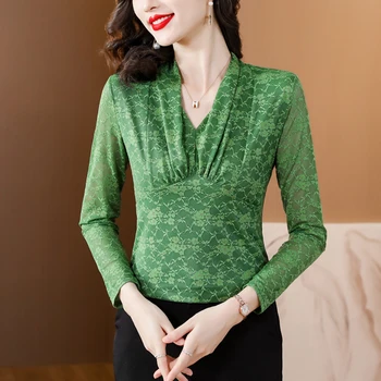 2023 Sonbahar Yeni Moda İnce V Yaka Dantel Bluzlar Kadınlar Zarif Kadın Uzun Kollu Gömlek Kadın Streç Rahat Temel Üstleri