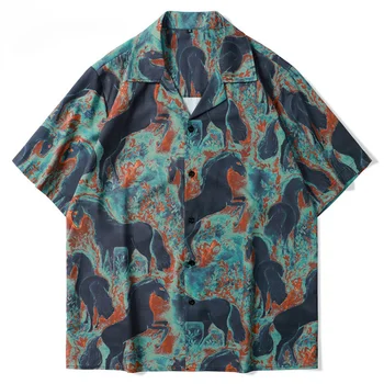 2023 Yaz Erkek Kısa Kollu Gömlek Vintage Harajuku At Baskı Streetwear HipHop Retro Hawaii Tatil Adam Gevşek Gömlek Tops