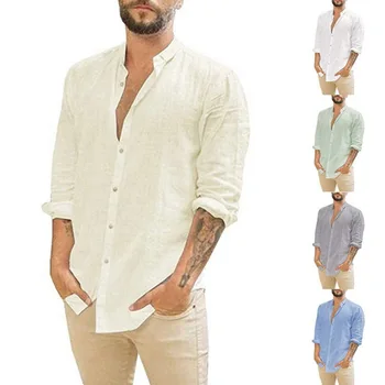 2023 Yeni erkek Rahat Gömlek Pamuk Keten Gömlek Gevşek Gömlek uzun Kollu Tişört İlkbahar Ve Sonbahar Keten Uzun Kollu Gömlek Gelgit