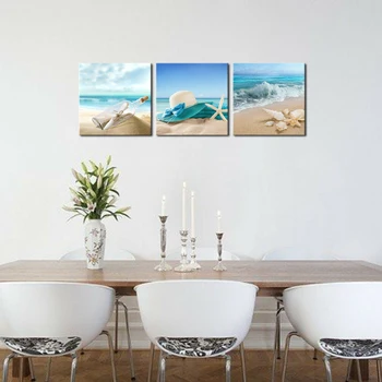 3 ADET Tuval Baskı Boyama Resim Ev Dekor Duvar Sanatı Mavi Deniz Plaj Manzara Oturma Odası, Yatak odası, Mutfak