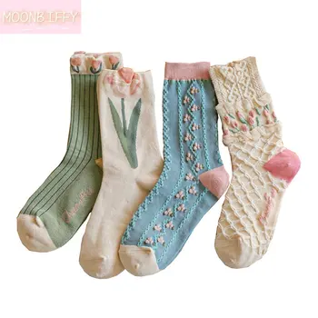3D Sevimli Çiçekler Orta Tüp Çorap Bayan Moda Uzun Sonbahar Kış Yumuşak Pamuklu Çorap Kadınlar için Kawaii Kız Tarzı Medias De Mujer
