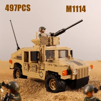 497 adet WW2 Askeri Humvee Jeep M1114 Ordu yapı tuğlaları Moc Blokları Zırhlı Araba Modeli Aksiyon Figürleri Oyuncaklar Erkek Hediye