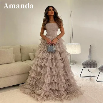 Amanda Şampanya فساتين مناسبة رسمية El Yapımı Organze Balo Elbise 2023 Zarif Çok Katmanlı Straplez A-line Vestidos De Noche