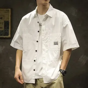 Amerikan Rahat Kısa kollu gömlek Erkekler İçin Yaz Moda rahat tişört 2023 Yeni Yüksek Sokak Düz Yaka bluzlar hombre