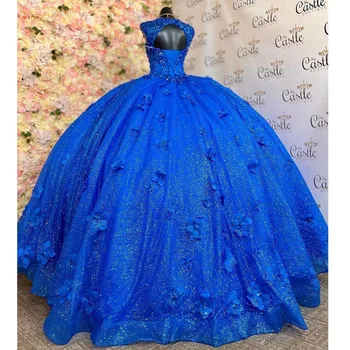 ANGELSBRIDEP Kraliyet Mavi Boncuk Prenses Quinceanera Elbiseler Aplikler Parti Elbise Tül Tatlı Vestido De 15 16 Anos Özel
