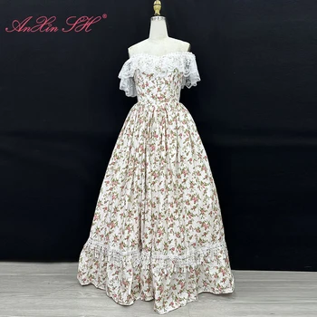 AnXin SH prenses pembe gül çiçek pamuk Fransız prenses tekne boyun ruffles çay partisi beyaz dantel bir çizgi Antik akşam elbise