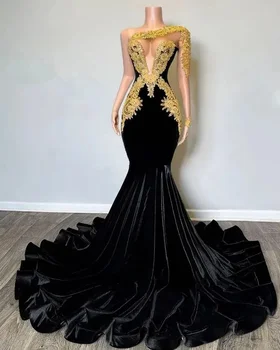 Arapça Altın Aplike Mermaid balo kıyafetleri Bir Omuz Uzun Kollu Parti Abiye giyim 2023 Kadın Resmi Elbise