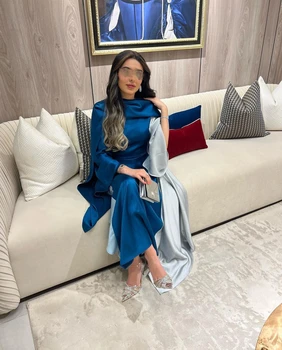 AsaNagi Mavi Renkli Saten Abiye V Boyun Bir Çizgi Örgün Parti Balo Elbise 2023 Suudi Arabistan فساتين السهرة