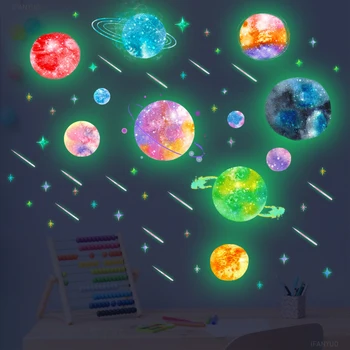 Aydınlık Renkli Kozmik Gezegen duvar çıkartmaları çocuk Odası Yatak Odası Karanlık Gezegenler Yıldız Çocuk Odası Ev Dekorasyon