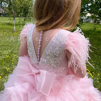 BABYONLİN Communion Elbise Glitter Sparkly Boncuk Tüyler Yay Akşam Parti Kabarık Balo Çiçek Kız Çocuk Yürümeye Başlayan Düğün