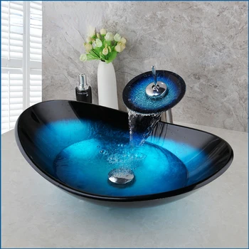 Banyo Tezgah üstü Kase Tuvalet Gemi Vanity lavabo bataryası Mavi Temperli Cam Lavabo Lavabo Lavabo Bataryası Seti