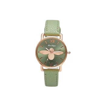 Basit Küçük arı Tasarım Kadın Saatler Vintage Yeşil Deri Bayanlar Lüks Kol Saatleri Moda Casual Kadın Kuvars Saat