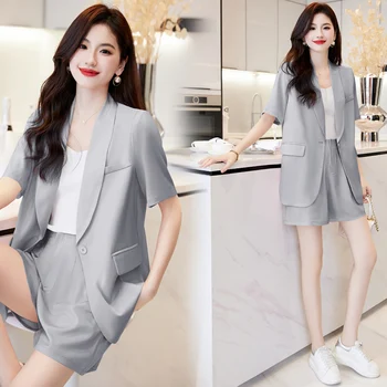 Bayanlar Kore Basit Blazer Ceket + Pantolon Yaz 2023 Tek Düğme 2 Parça İş Elbisesi Kısa Kollu Kadın Düz Blazer Setleri