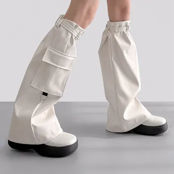 Bayanlar Serin Sokak Tarzı Iş Çorap Kişilik Ayarlanabilir elastik bacak ısıtıcısı s Cep ayak ısıtıcı Bisiklet bacak ısıtıcısı s Yün