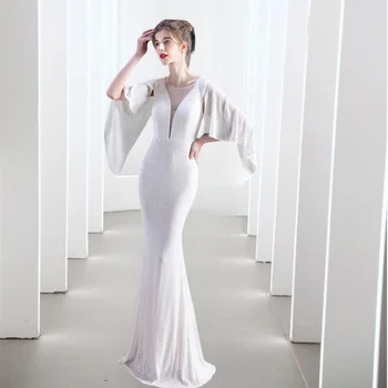 Beyaz Düğün Ziyafet Resmi Mermaid Elbise Kadınlar Melek Kanat Kollu Sequins Zarif uzun elbise V Boyun Moda Seksi Balo 2023