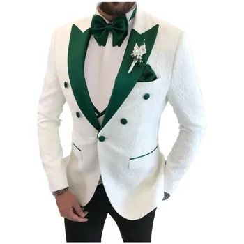 Beyaz Jakarlı Erkek Takım Elbise Doruğa Yaka Düzenli Fit Kostüm Homme Düğün Damat Balo Smokin Custom Made Blazer Yelek Pantolon
