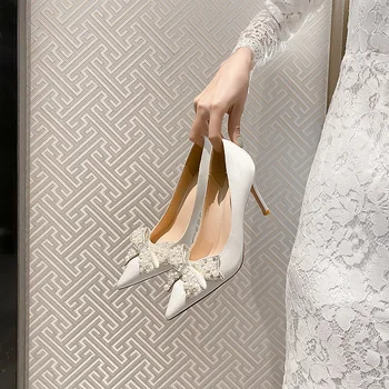 Beyaz papyon kadın Sivri Deri Yüksek Topuklu Tek Ayakkabı Yaz İnce Topuklu Düğün Ayakkabı Fransız Tarzı J-Z27