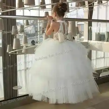 Bling Altın Pullu Çiçek Kız Elbise Düğün için Hollow Geri İlk Communion Elbise Katmanlı Sevimli Uzun Parti Kız Elbise
