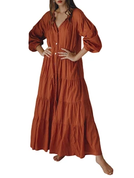 Boho elbise kadınlar için uzun kollu ön düğme V boyun gevşek plaj elbise düz renk Bohemian balo elbise ışık yaz elbiseler