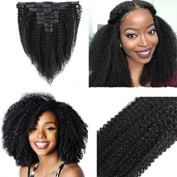 Brezilyalı Afro Kinky Kıvırcık Klip insan saçı postiş Doğal Renk 8 adet / takım Remy klipsli postiş Saç Tam Kafa Setleri 120G 8-26 İnç