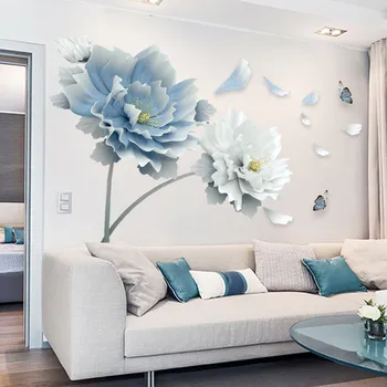 Büyük Beyaz Mavi Çiçek Lotus Kelebek Çıkarılabilir Duvar Çıkartmaları 3D Duvar Çıkartmaları Sanat Mural Art Oturma Odası Yatak Odası Ev Dekor için