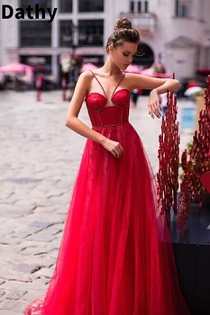 Dathy Kırmızı Dantel düğün elbisesi 3D Boncuklu Seksi Pileli A-Line Şeffaf Elbise Aç Geri düğün elbisesi es Kadın Parti elbise