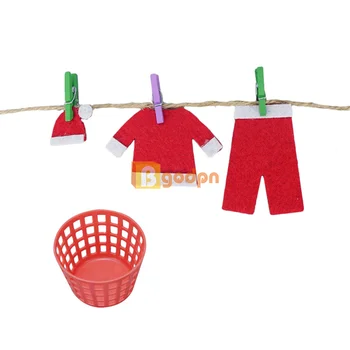 Dollhouse Minyatür çamaşır sepeti Noel giysileri dekorasyon elf bebek giysi kurutma halat klipsleri