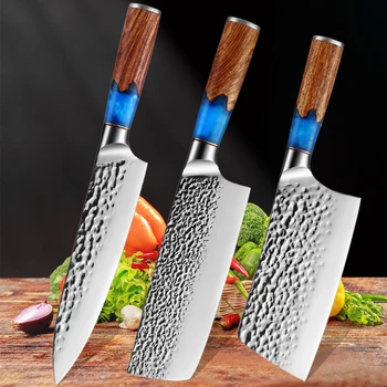 Dövme Çekiç Desen Sebze Cleaver Programı Paslanmaz Çelik şef bıçağı Reçine Ahşap Saplı Keskin Dilimleme Mutfak Kesme Aleti