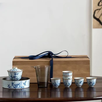 El-boyalı Youzhu Kapak Kase, Kung Fu çay seti, Ahşap Kutu seti, Seramik Taşınabilir Çay bardağı Seti, İş Hediye Seti