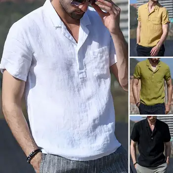 Erkek Gömlek Yaka Düğmeleri Yarım Placket Gömlek Düz Renk Kısa Kollu Cep Kazak Üst Streetwear
