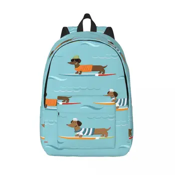 Erkek Kadın Sırt Çantası Büyük Kapasiteli okul sırt çantası Öğrenci için Neşeli Dachshund Köpekler Sörf Dalgalar okul çantası