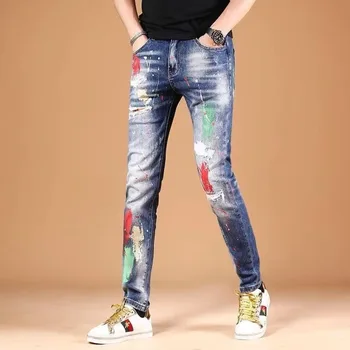 Erkek Pantolon Sonbahar Yeni Sanat Baskı Kot erkek Moda Marka Kore Slim Fit Ayak Retro erkek Rahat Çok Yönlü Elastik Ayak Pantolon