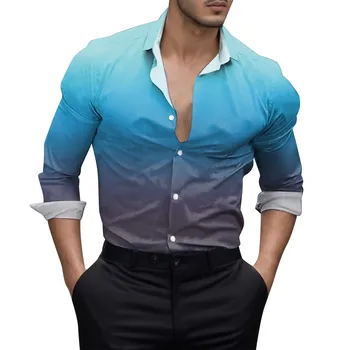 Erkek Uzun Kollu İnce Gömlek Erken Sonbahar Üst Degrade Baskılı Erkek Bluz Düğme Aşağı Gömlek Üst Moda Rahat Erkek Giyim