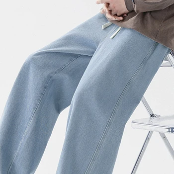Erkek yaz yeni gevşek pantolon ipli ince Denim kot düz rahat çok Yönlü düz Renk