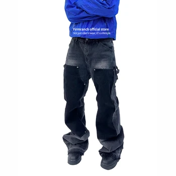 Firmranch Yeni Ekleme Kat uzunlukta Kot Erkekler İçin/Kadın Streetwear Siyah Bootcut Denim Geniş Pantolon Alevlendi Pantolon Ücretsiz Kargo