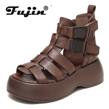 Fujin 6 cm Peep Toe Örgü Hakiki Deri Orta Buzağı yarım çizmeler Kadın Yaz Nefes Moccasins Tasarımcı Çizmeler Sandalet Ayakkabı