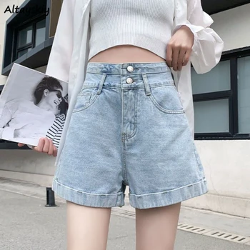 Geniş Bacak Şort Kadın Kot Yıkanmış Gevşek Vintage Ağartılmış Moda Yüksek Bel Basit Streetwear Harajuku Öğrenciler Yaz Hotsweet