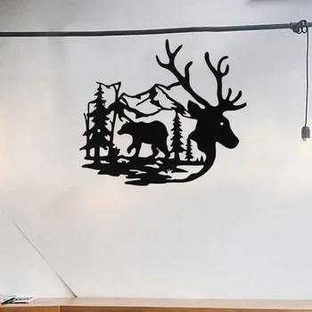 Geyik Ayı İşareti Orman Çam Ağacı Siyah Kesme İşaretleri Metal Duvar sanat dekoru Asılı Oturma Odası Yatak Odası Banyo için Kapalı Açık
