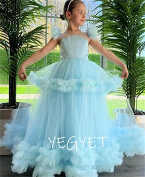 Gökyüzü Mavi A-line Çiçek Kız Elbise Düğün için Sheer Boyun Düğmeler Geri Çocuk Balo Pageant elbise İlk Communion Boyutu 1-16T