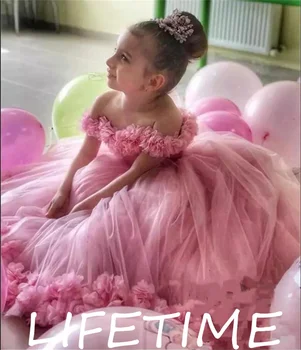 Güzel Pembe Prenses Çiçek Kız Elbise Kapalı Omuz Tül El Yapımı Çiçekler Kat Uzunluk Doğum Günü Çocuk Kız Pageant Törenlerinde