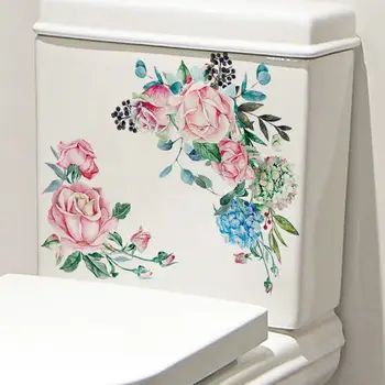 Güçlü Yapışkanlı Çiçek Dekor Renkli Çiçek Tuvalet Çıkartması Suluboya Çiçek Tuvalet Sticker Çıkarılabilir Pvc banyo duvar Sanatı Çıkartması