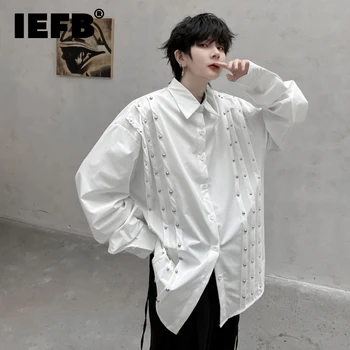 IEFB erkek Gömlek Düz Renk Pilili Perçin Dekorasyon Gevşek Uzun Kollu Hırka Kore Tarzı Niş Tasarım Casual Tops 9C2009
