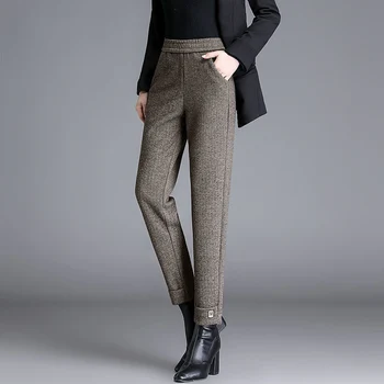 İlkbahar Sonbahar Kadın Harem Pantolon Elastik Yüksek Bel Yün Vintage İnce Pantolon Rahat Yüksek Kaliteli Ofis Bayan Ayak Bileği Pantolon