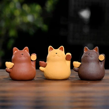 Japon El İşi şanslı kedi Heykeli Mor Kum Hayvanlar El Sanatları Kedi Maskot heykelcik Ev Dekor İçin Masa Süsleri Çay Pet